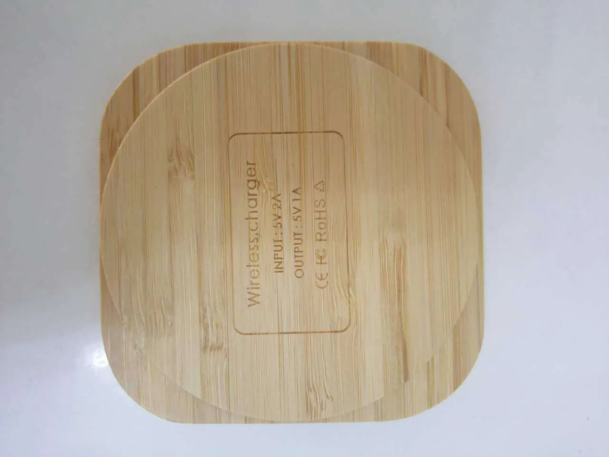 Square brown bamboo-finish 5W wireless charging pad with QI certification