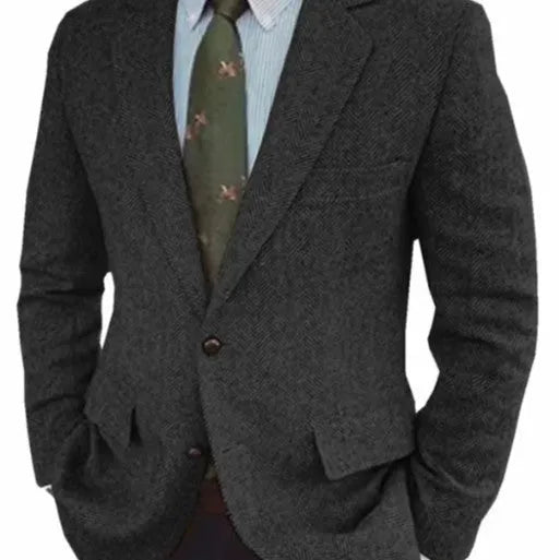 Men's brown herringbone suit jacket with long sleeves and retro business casual style.