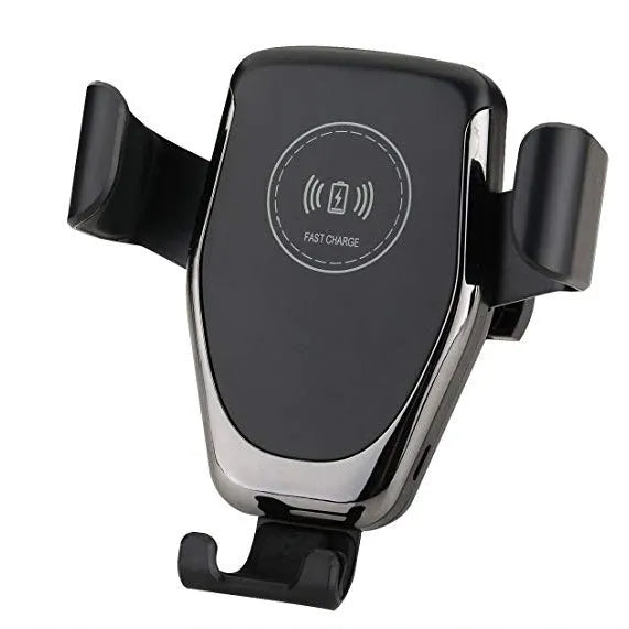 Black wireless car charger mounted on vehicle vent with iPhone automatically clamped in charging position