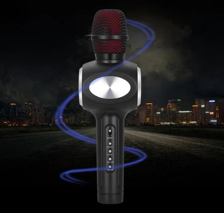 Yaerjia E108 black, gold, and pink mobile karaoke microphone with built-in speakers