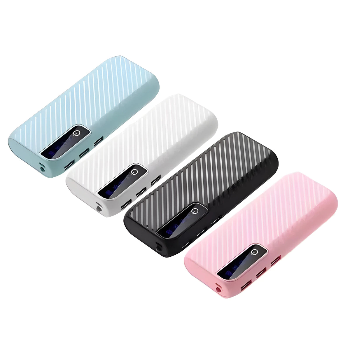 Compact 20000mAh mini power bank in multiple colours showing its size and USB ports.