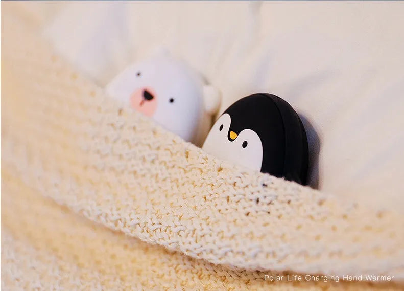 Cartoon penguin polar bear USB rechargeable hand warmer with power bank function in black, white, or whiteblack