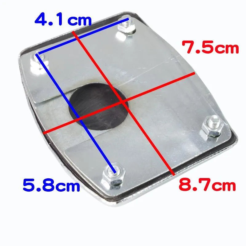 Metal brake pedal skid plate for motorcycle or scooter, shown as a foot-type footplate.