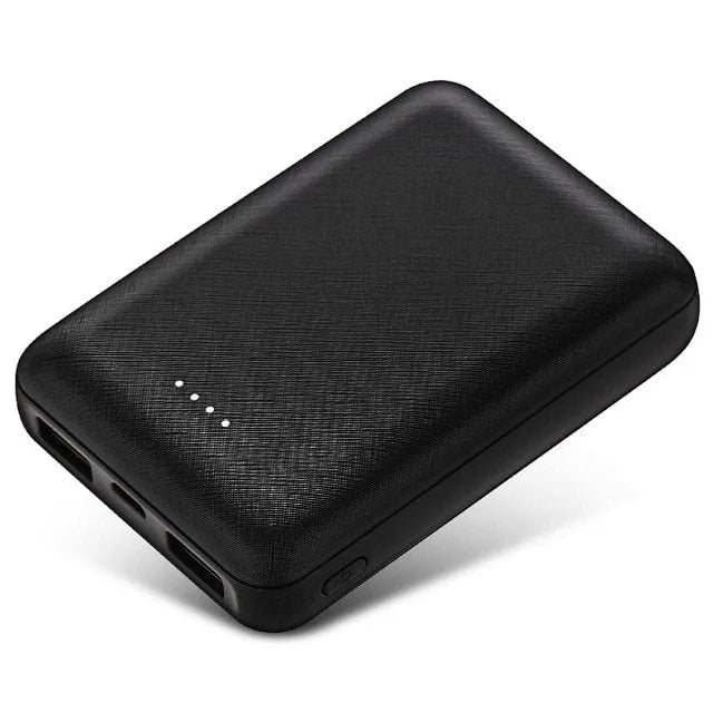 Black ultra-thin 10,000mAh power bank with multiple USB ports on a white background