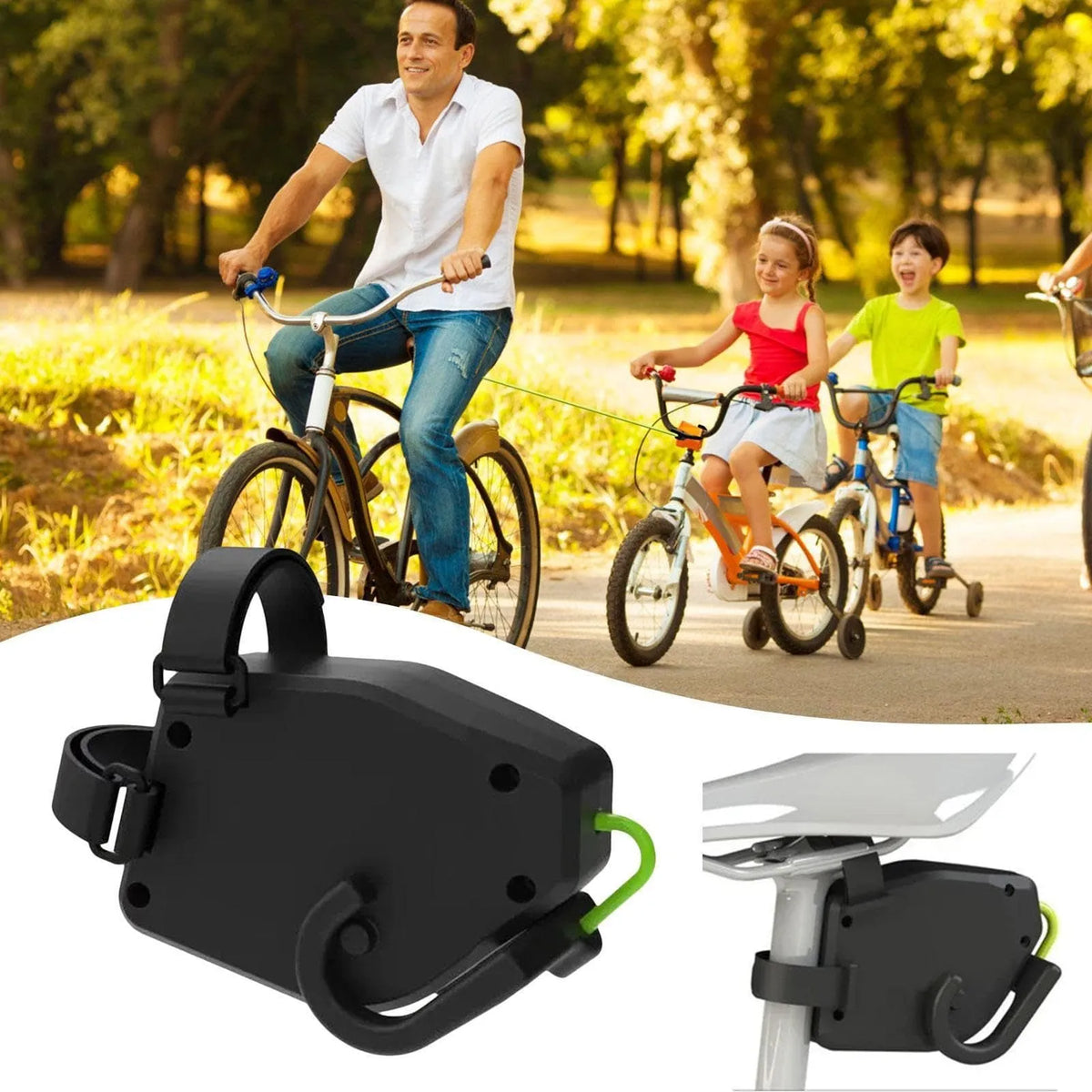 Black plastic bicycle trailer rope connecting mountain bike to child trailer