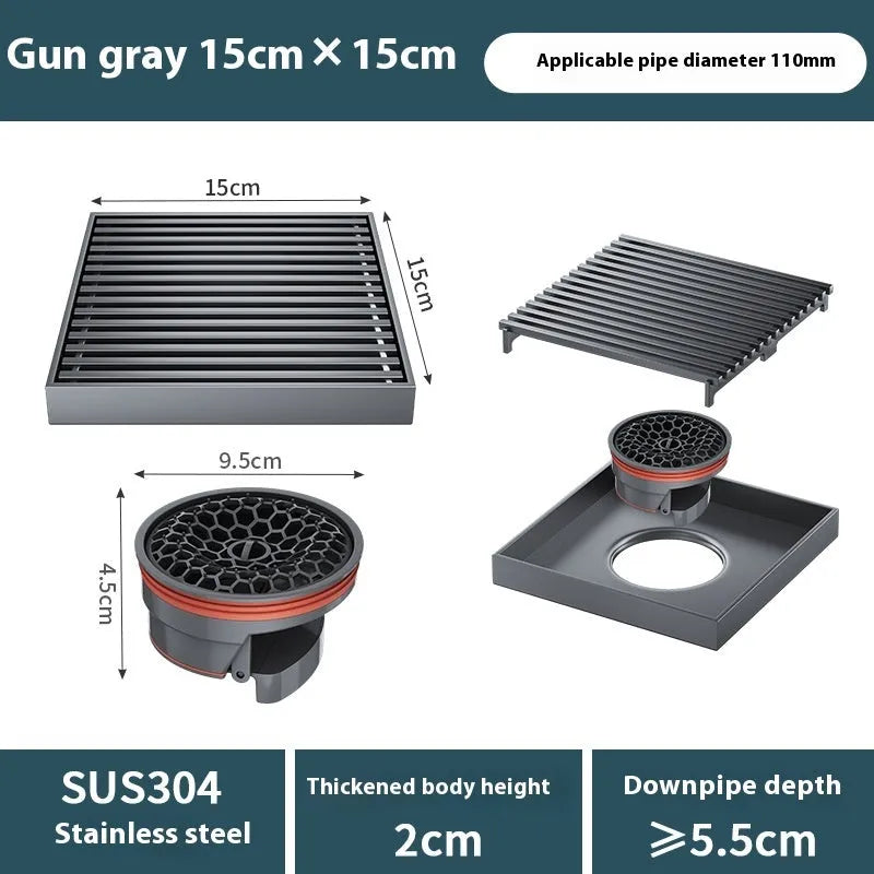 Gun grey 304 stainless steel courtyard floor drain with a 15x15cm grid