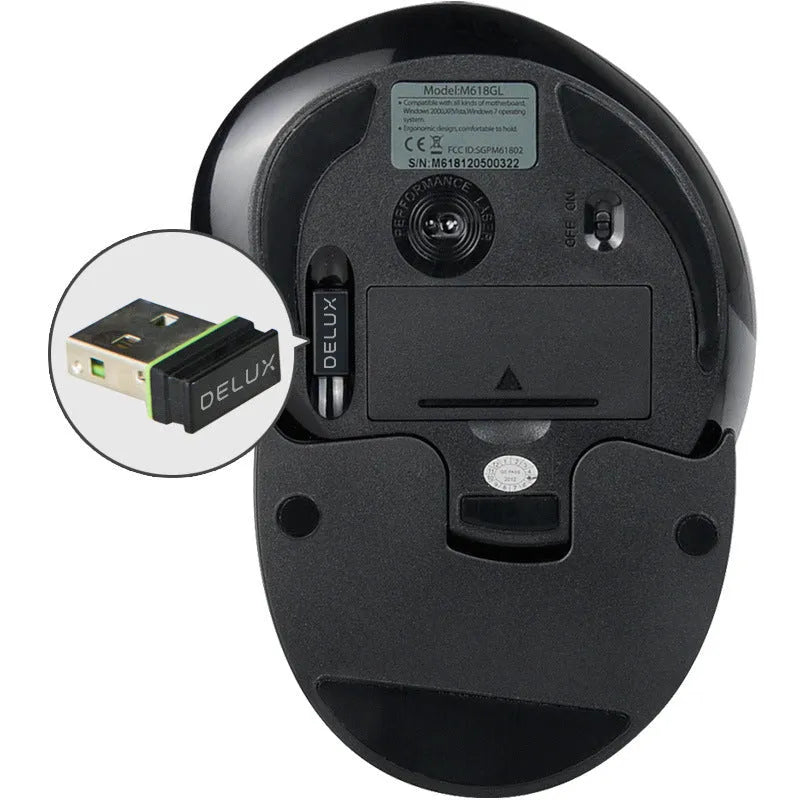 Wireless vertical ergonomic mouse in black with USB receiver showing handshake grip position