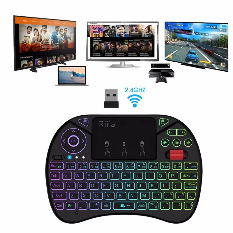 i8X black wireless keypad with QWERTY keyboard, touchpad, dual mouse buttons, USB adapter, and lithium battery