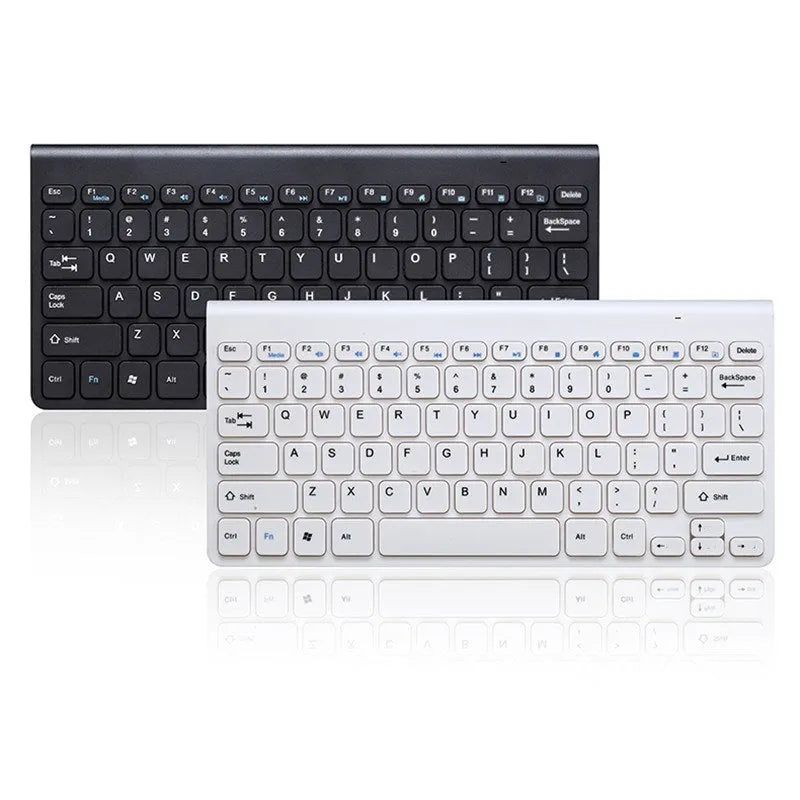 Black and white wireless keyboard and mouse set with USB receiver on desk