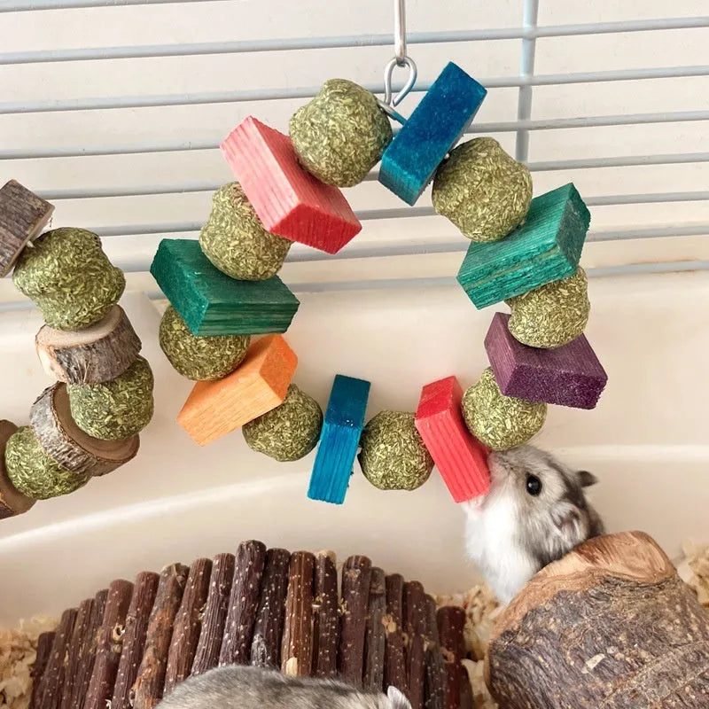 Hamster chew toy with straw balls on ring for small pets dental activity