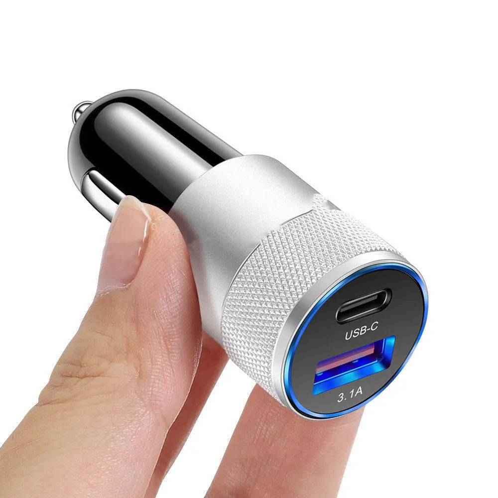 Compact aluminium alloy car mobile phone charger in Black Silver two-tone finish