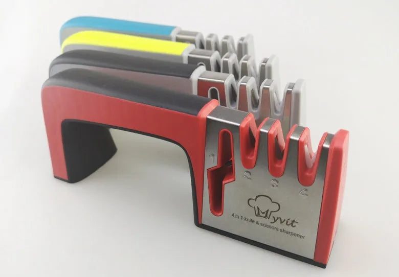 4-in-1 kitchen knife sharpener with TPR and ABS handle, 238 x 50 x 67mm, black or cyan colour options