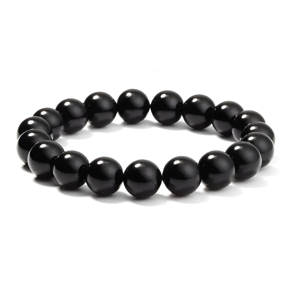 Geometric black onyx bracelet with 8mm beads on a black elastic cord, laid flat.