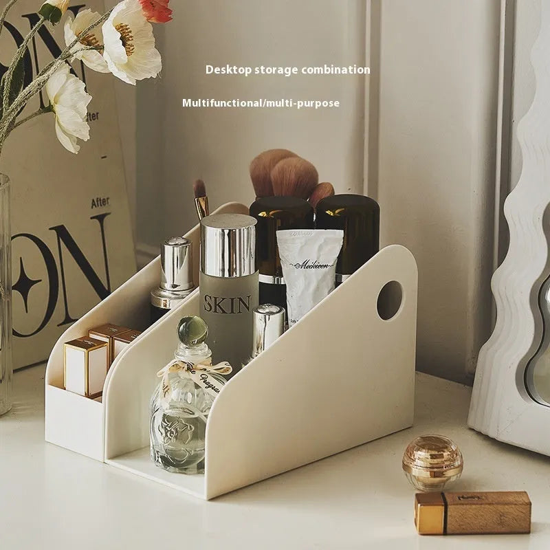 Plastic desktop storage box with two internal shelves in milk coffee colour.
