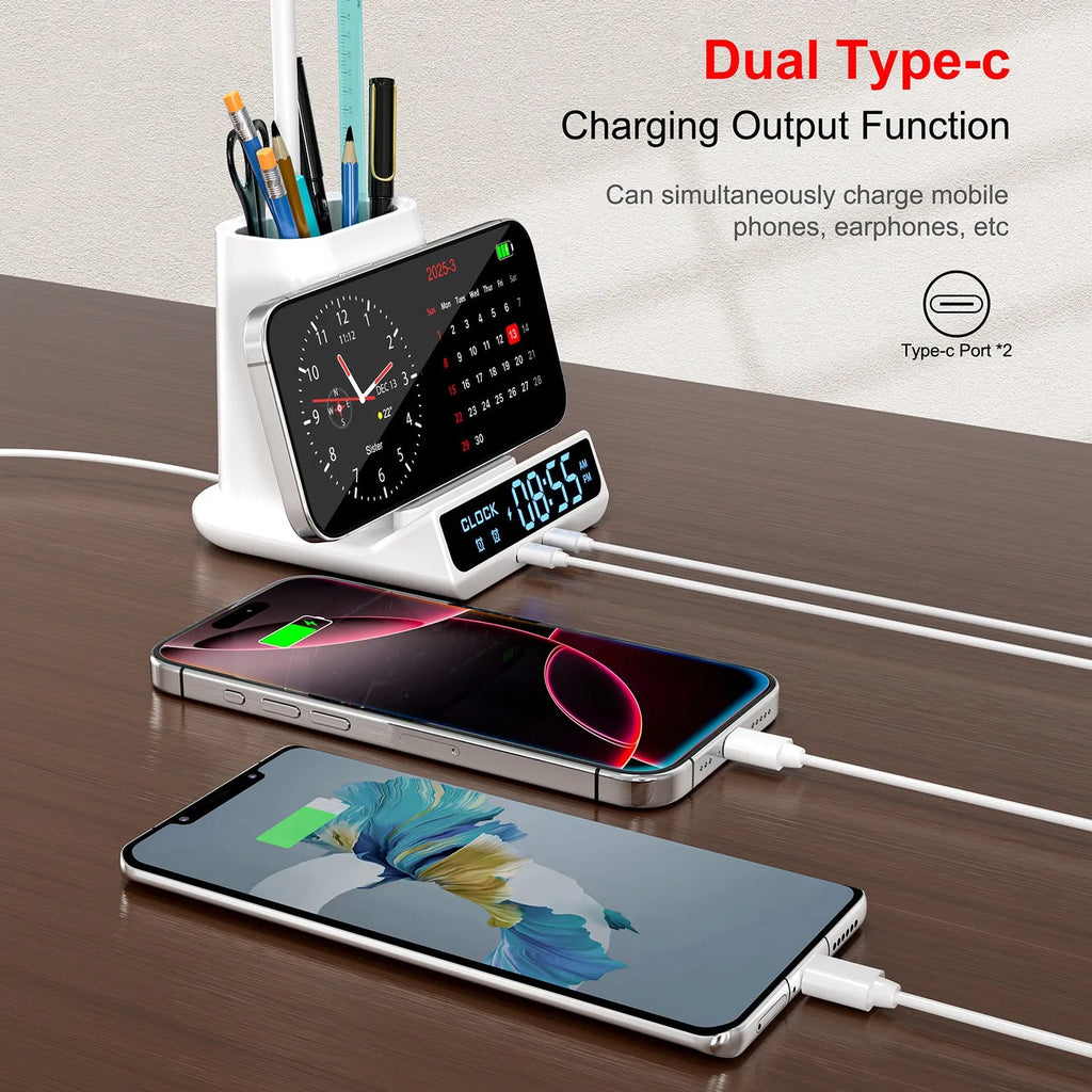 Modern black desk lamp with wireless charging base, integrated pen holder, and small storage compartments.