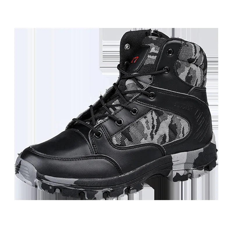 Men's black high-top hiking shoes with metal details on a waterproof artificial PU upper.