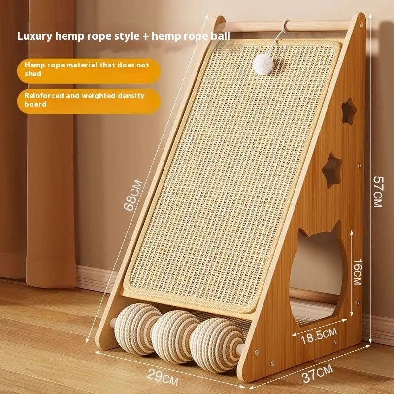 Vertical wall-mounted cat scratch board with sisal surface and hanging teasing ball