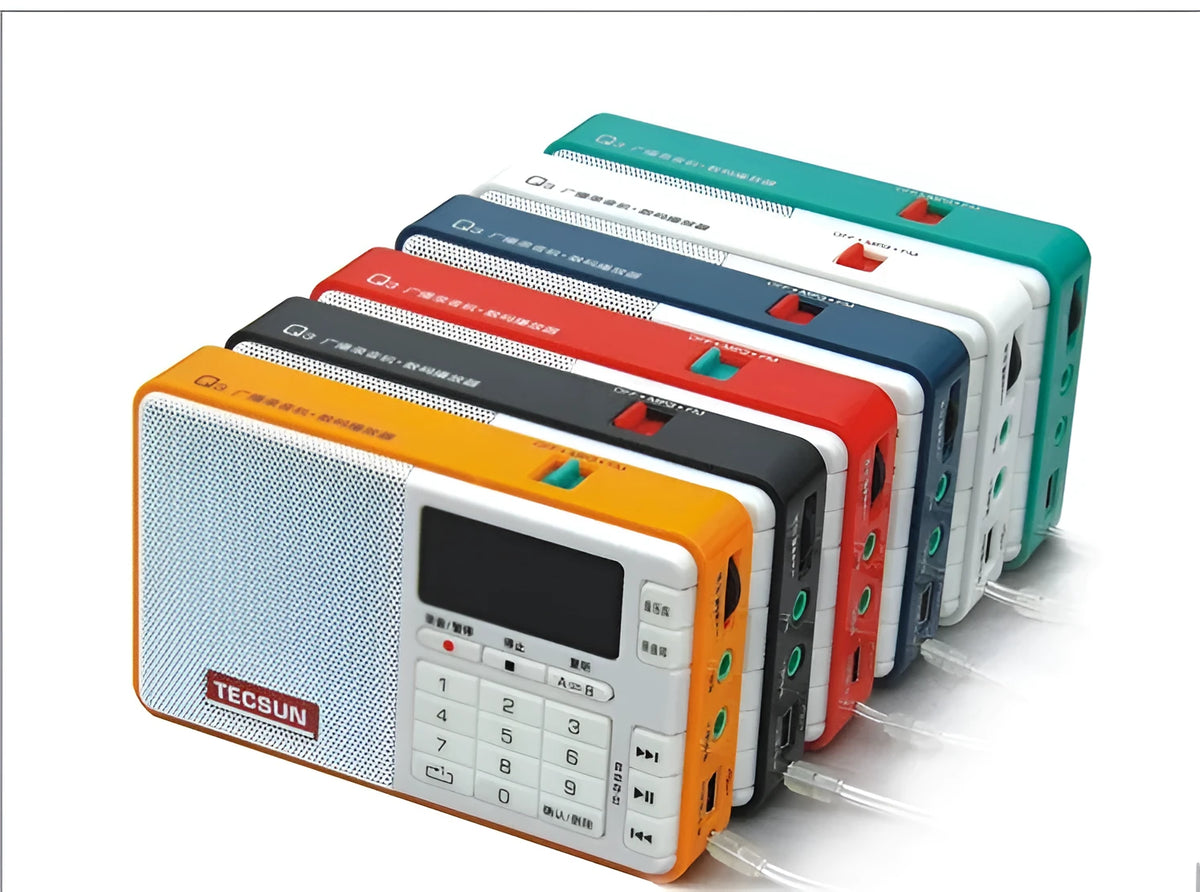 Tecsun Q3 digital audio player and FM radio in white, yellow, red, green, blue or black
