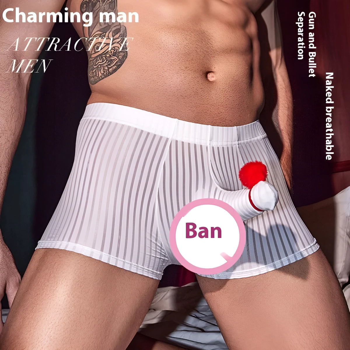 Men's black striped nylon boxer briefs laid flat, showing seamless construction and elastic waistband.