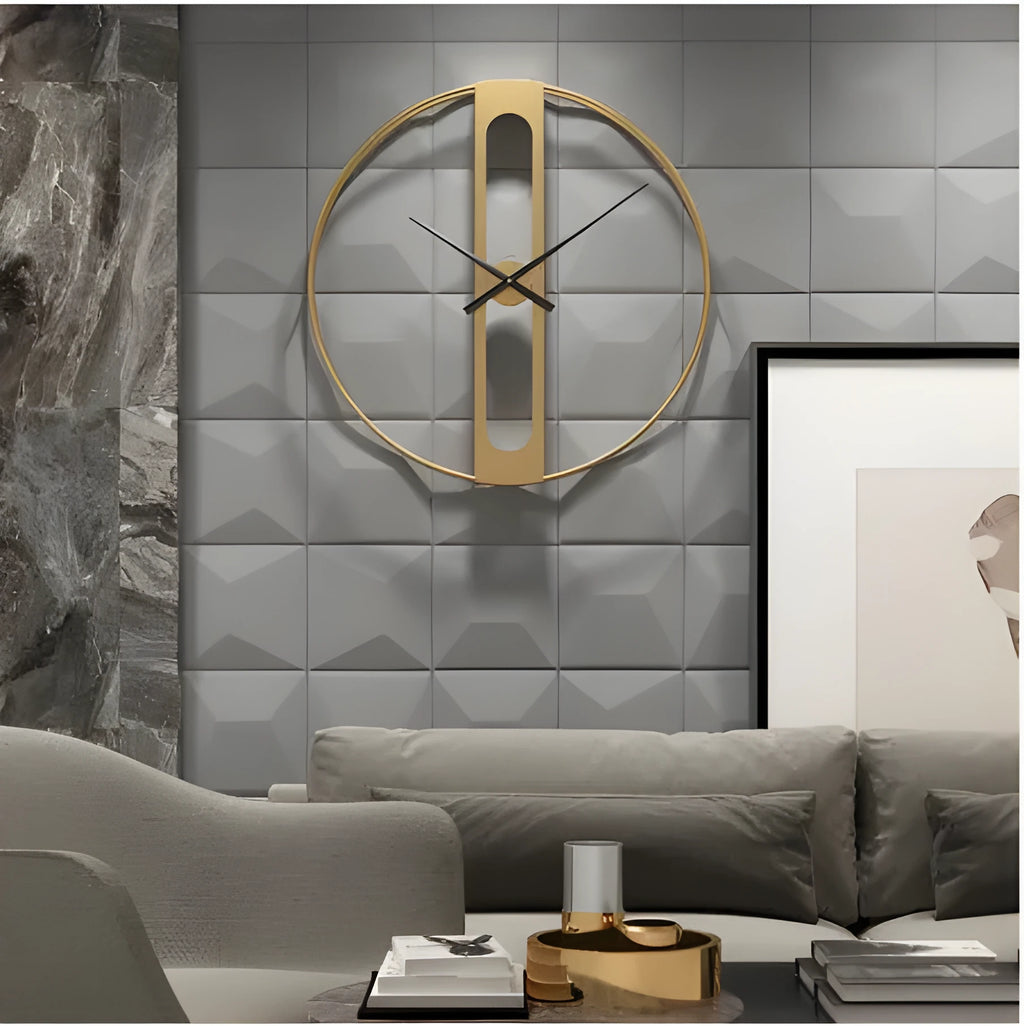 Round metal wall clock with 50cm diameter face in black or gold colour on white wall