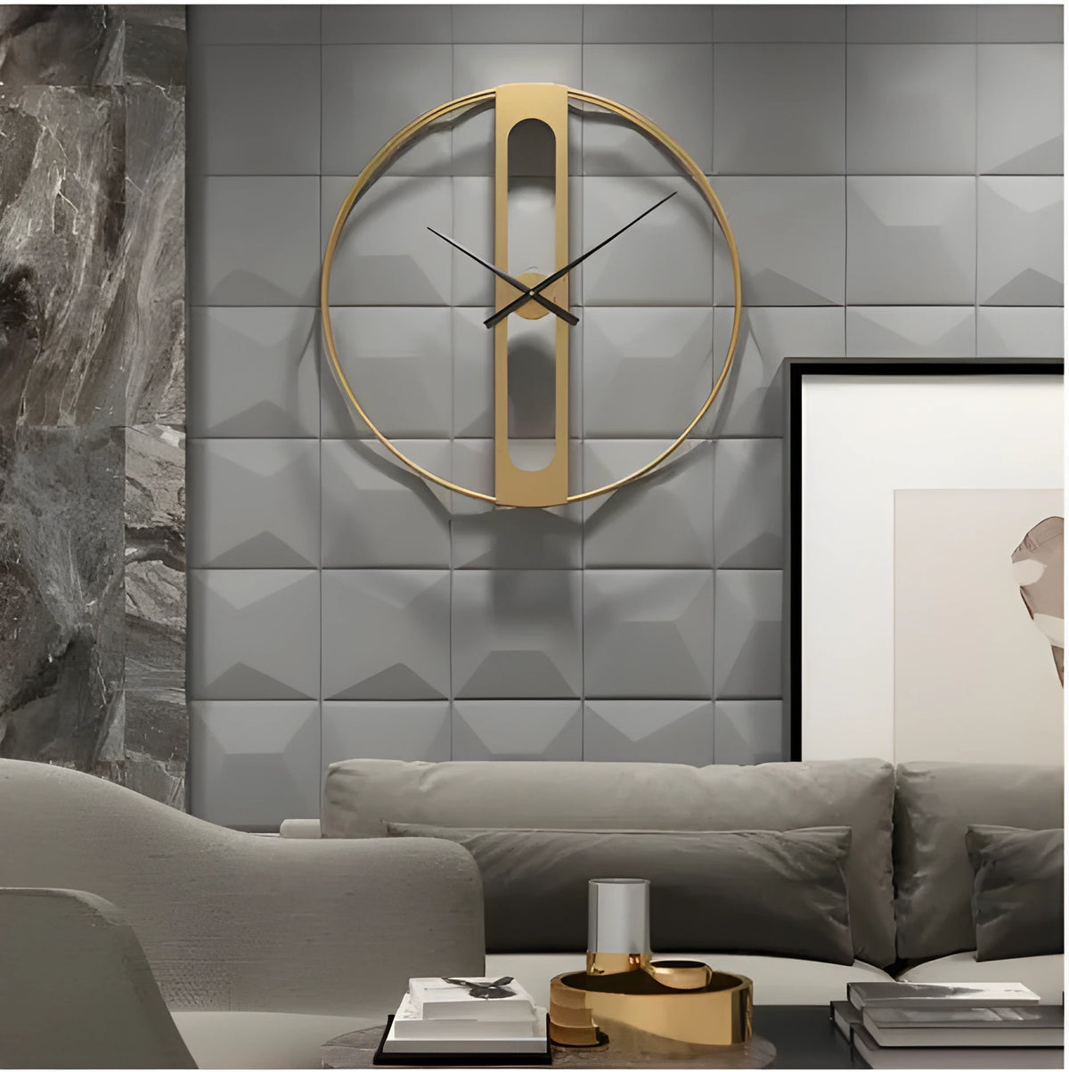 Round metal wall clock with 50cm diameter face in black or gold colour on white wall