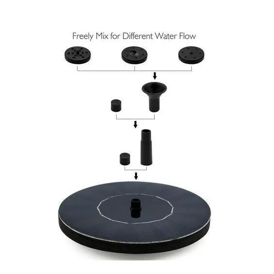 Black solar-powered floating garden fountain with multiple spray nozzles for birdbaths and ponds