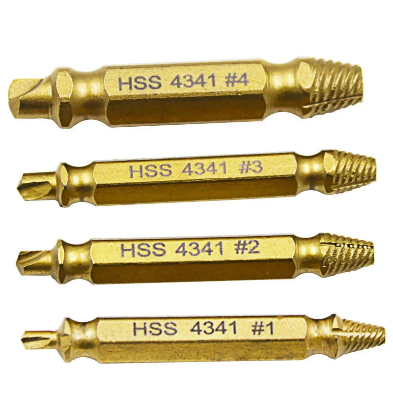4341 high-speed steel screw extractor set with multiple pieces for removing damaged screws and iron nails.