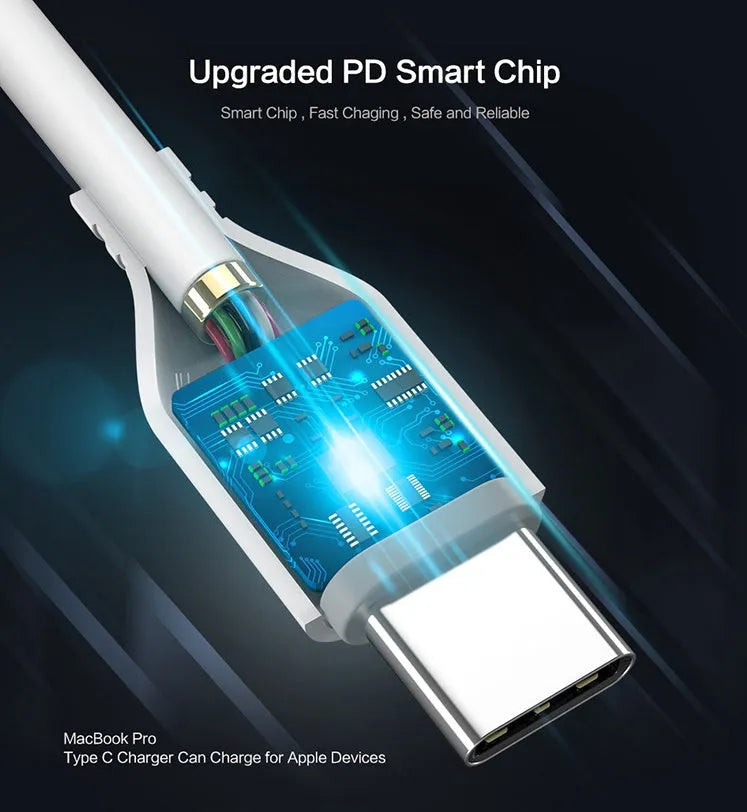 White USB-C to Lightning charging cable for iPhone on a plain background