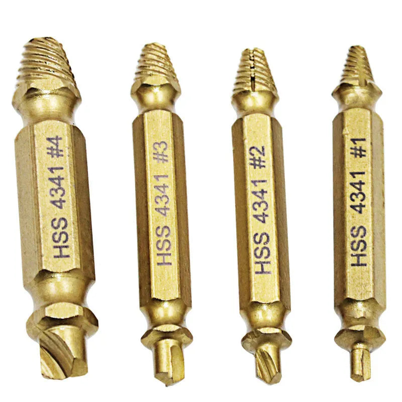 4341 high-speed steel screw extractor set with multiple pieces for removing damaged screws and iron nails.