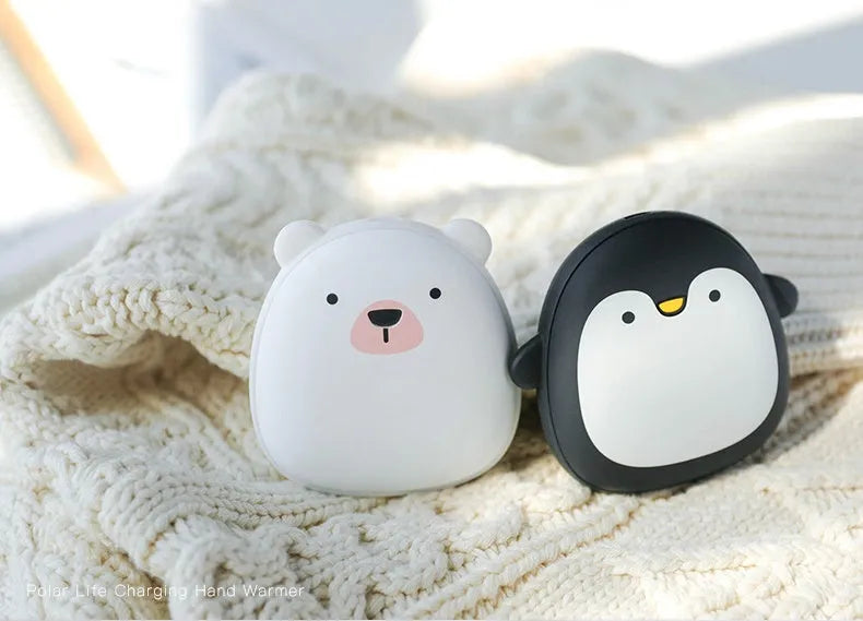 Cartoon penguin polar bear USB rechargeable hand warmer with power bank function in black, white, or whiteblack