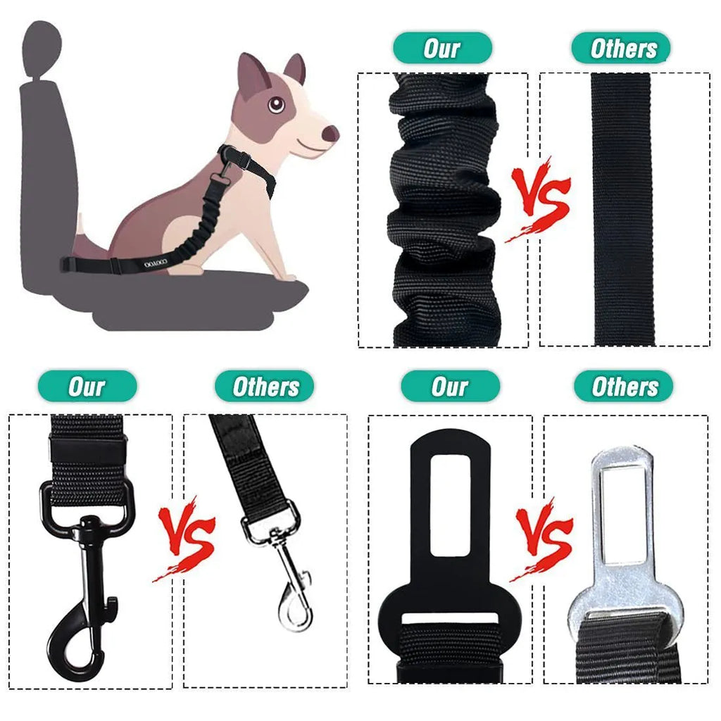 Nylon pet seat belt in black, 85cm long, with hand holding rope and explosion-proof design for car travel.