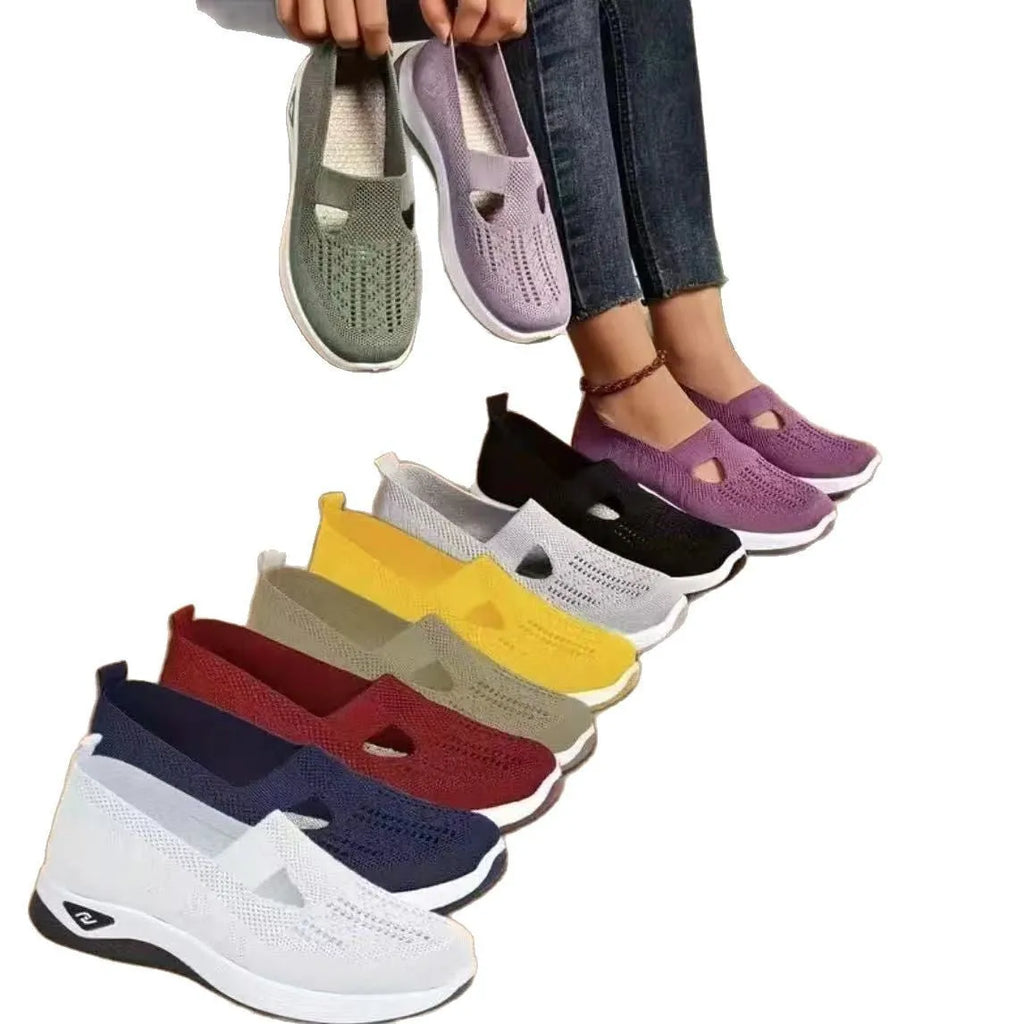 Women's low-top casual mesh shoes with a T-strap and soft PVC sole, shown in multiple colours.