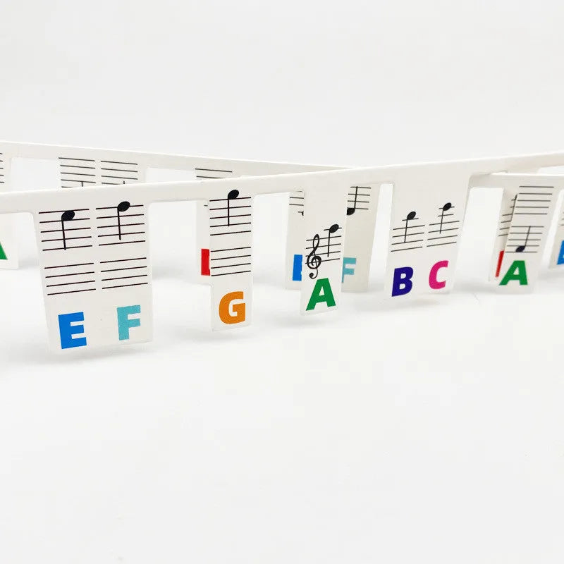 Piano keyboard note bar stickers showing colour-coded and black note options for 88-key learning