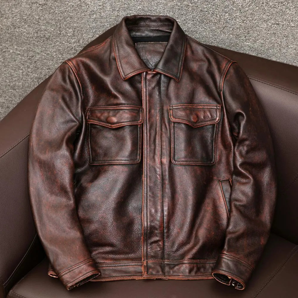 Men's plus size black retro Kaji style lapel leather jacket with side pockets