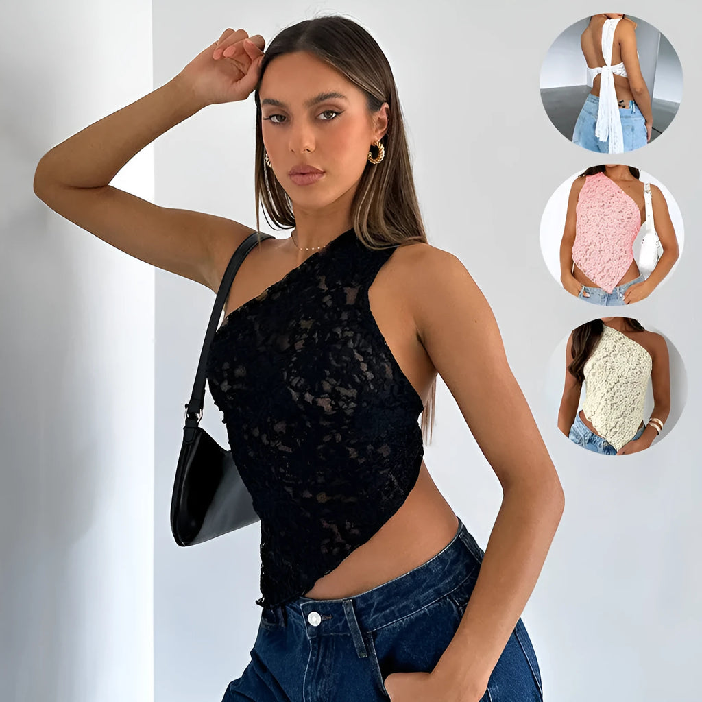 Womens lace backless sleeveless vest with asymmetrical neckline in solid colour