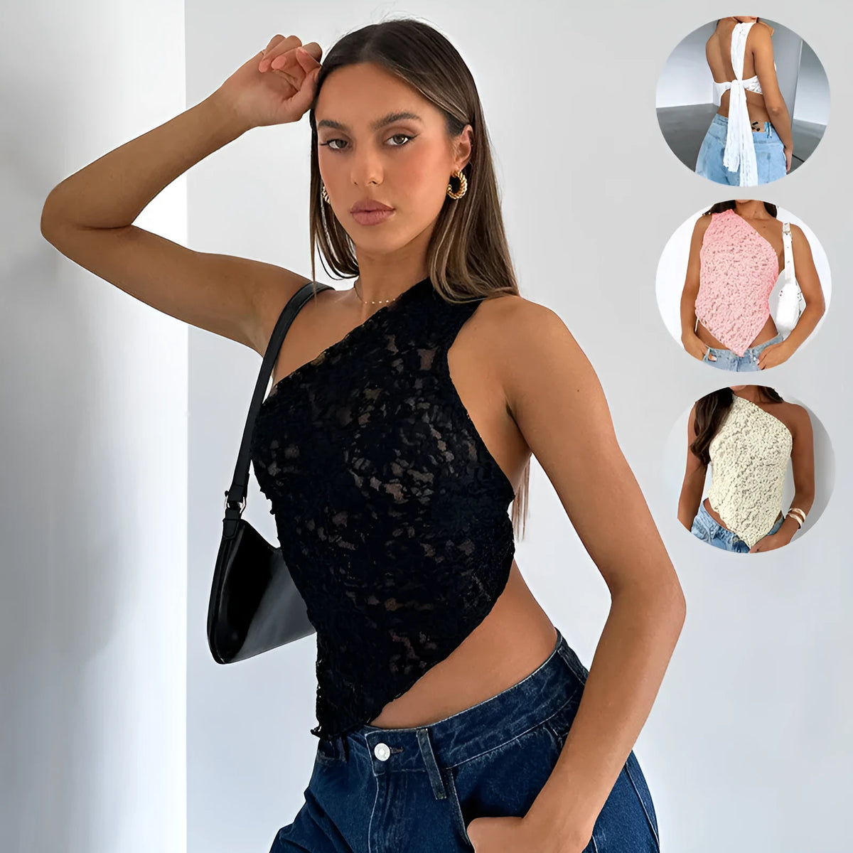 Womens lace backless sleeveless vest with asymmetrical neckline in solid colour