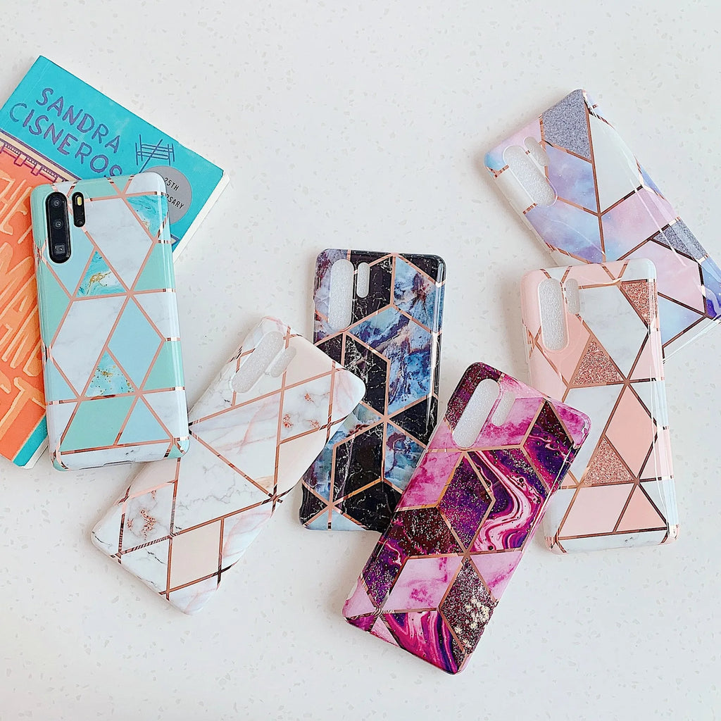 Electroplated marble pattern TPU back cover case for Huawei smartphones in various colours