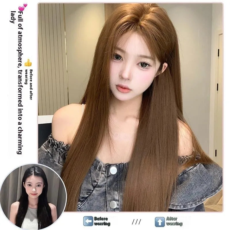 Warm brown lace front wig with long straight hair and centre-parted bangs.