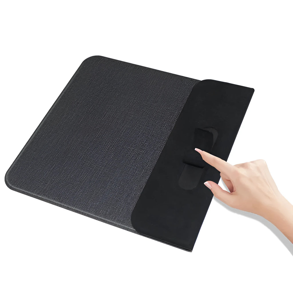 Foldable cloth wireless charging phone holder showing folded and unfolded positions