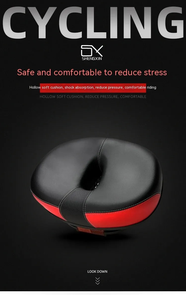 Large red bicycle saddle with thickened padding and reflective elements for ordinary bicycles