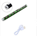 Three 5mW green laser pointer pens in black, camouflage, and white colours
