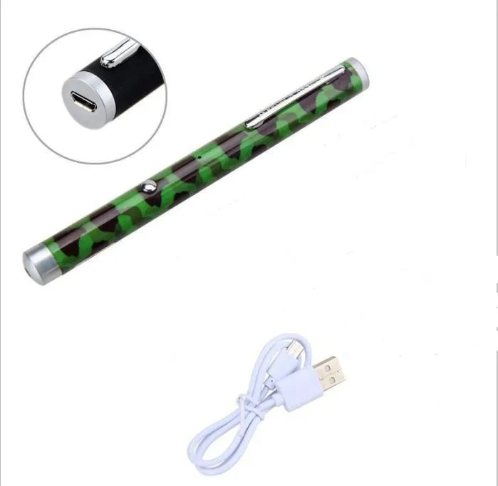 Three 5mW green laser pointer pens in black, camouflage, and white colours