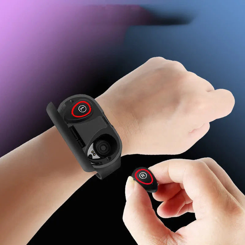 Black smart bracelet and earphone combo wearable with a 1-inch touchscreen on a silicone wristband.