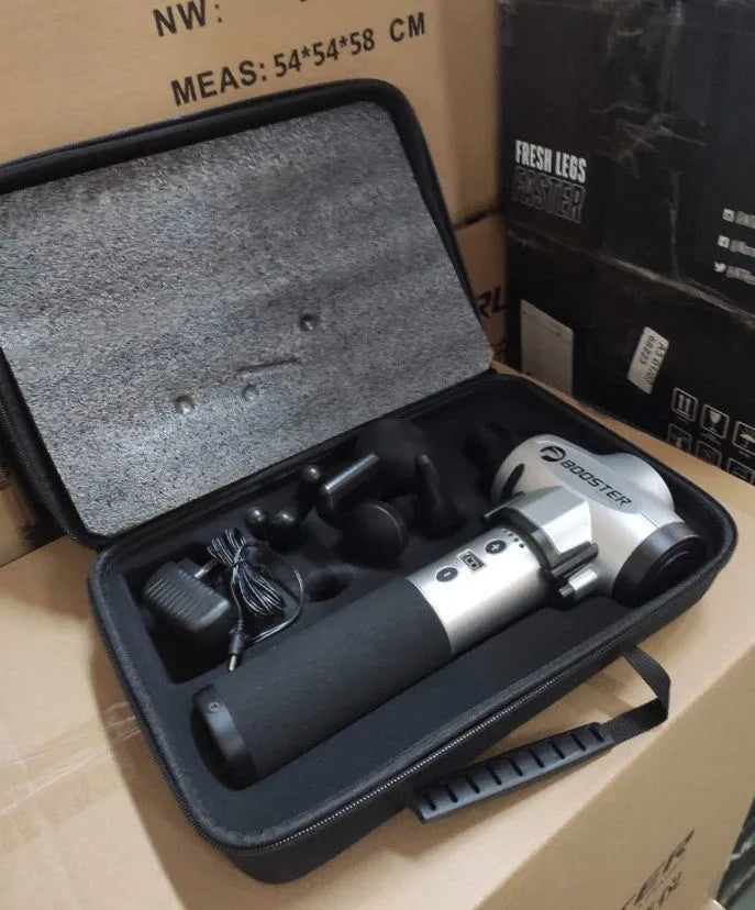 Black and white cordless handheld muscle massage gun with 24V battery and variable speed control