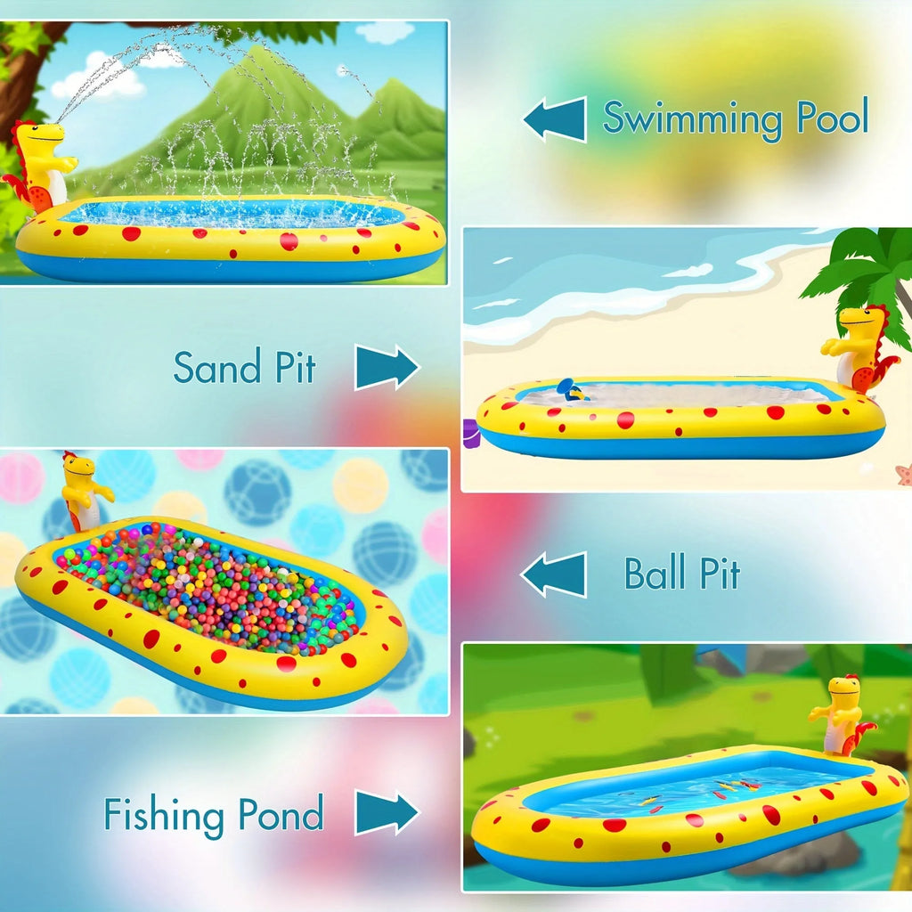 Blue inflatable dinosaur-shaped water spray pool for children in a garden