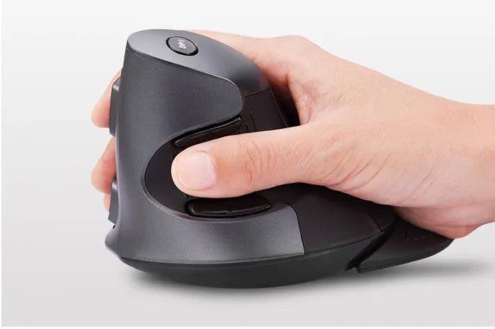 Wireless vertical ergonomic mouse in black with USB receiver showing handshake grip position