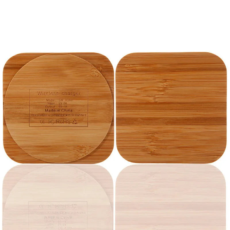Square brown bamboo-finish 5W wireless charging pad with QI certification