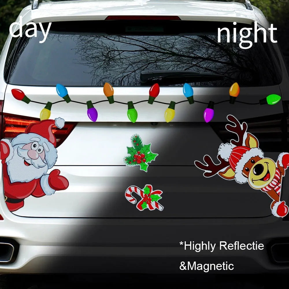 Medium Christmas elk cartoon reflective magnetic sticker with 6-thread design on a metallic surface.