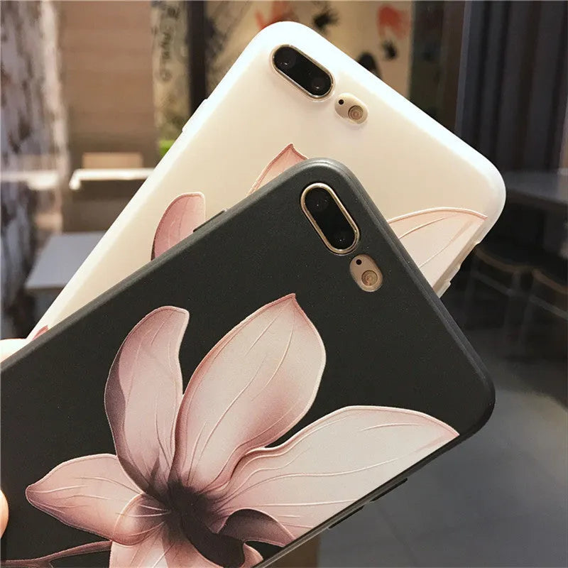 Embossed floral pattern TPU iPhone case in black and white colour options showing textured design