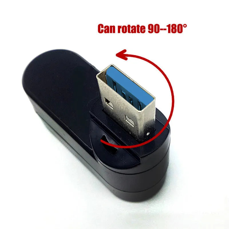 Black and white USB rotary splitter hub showing four USB 3.0 ports on a compact ABS plastic body